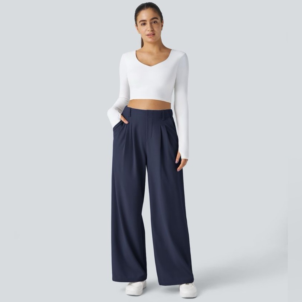 Halara Flex High Waisted Pocket Wide Leg Waffle Work Pants, Large Petite